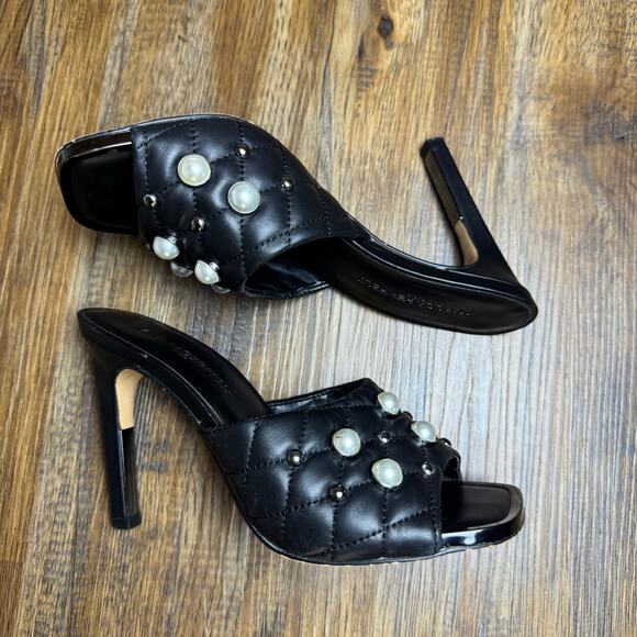 Karl Lagerfeld size 7 AMINA black open toe pearl studded quilted mule heel - Picture 9 of 13